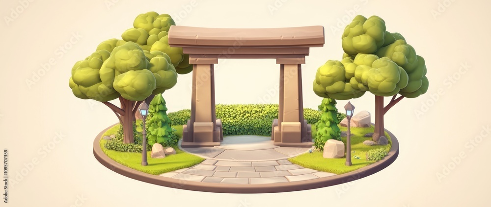 Poster A stylized archway surrounded by trees and a pathway in a serene garden setting.