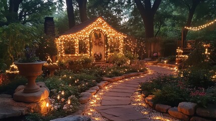 Fototapeta premium A serene garden pathway illuminated by fairy lights, leading to a charming cottage.