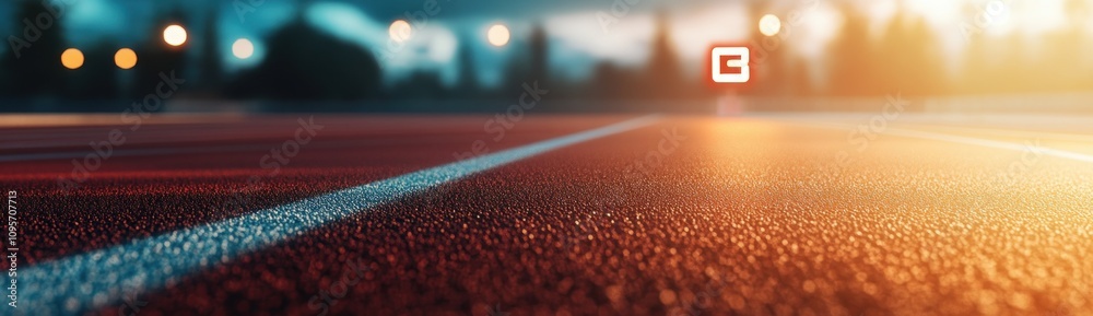 Poster A close-up view of a running track with blurred lights in the background.