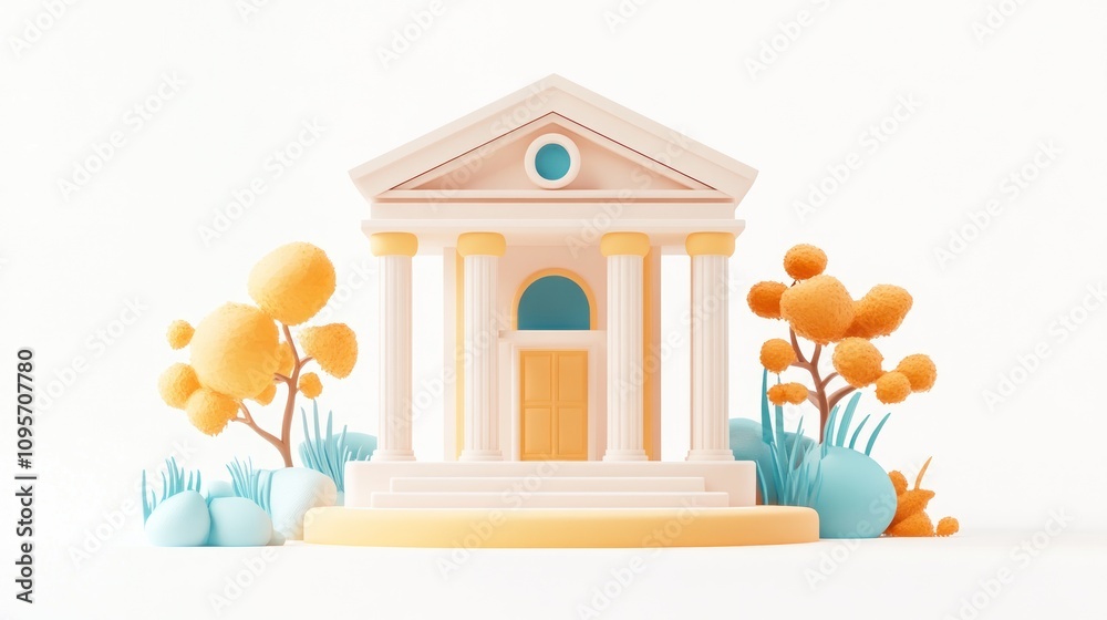 Aufkleber A stylized building with columns surrounded by colorful trees and shrubs.