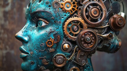 Steampunk Robot Head with Intricate Gears and Cogs