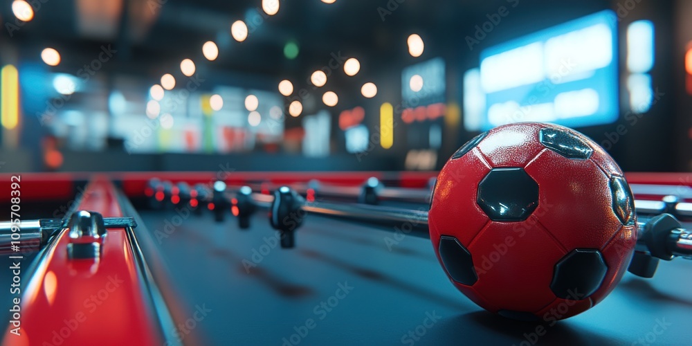 Poster a close-up view of a foosball table with a red soccer ball ready for play.