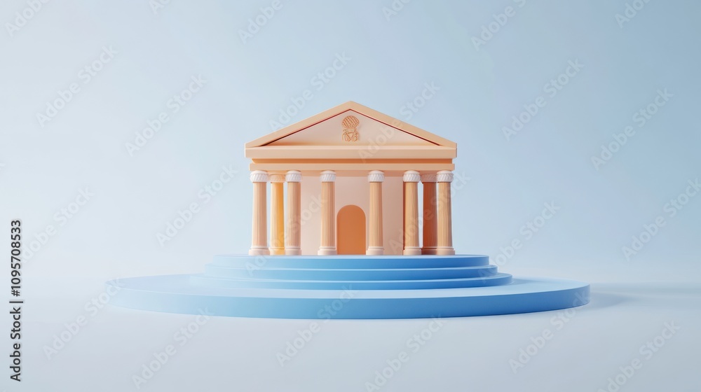 Fototapete a stylized architectural model of a classical building with columns on a blue platform.
