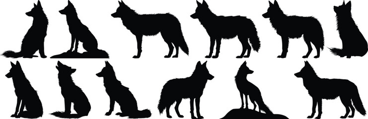 Wolf silhouettes set, animal pack of vector silhouette design, isolated background