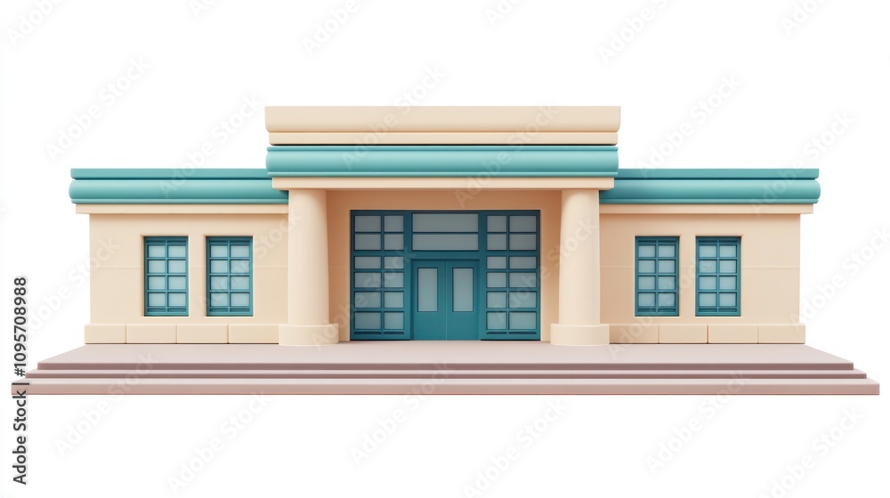 Poster A stylized building with columns and large windows, likely serving as a public or community space.