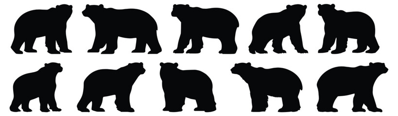 Polar bear silhouettes set, bear pack of vector silhouette design, isolated background.