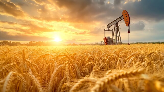 Oil pumpjack in golden wheat field at sunset.