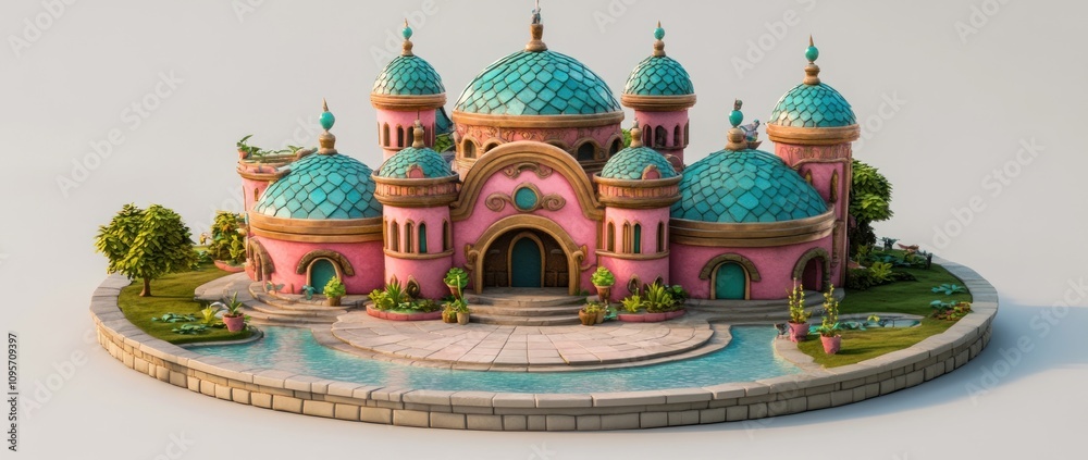 Poster A whimsical, colorful architectural structure with domes and a surrounding water feature.