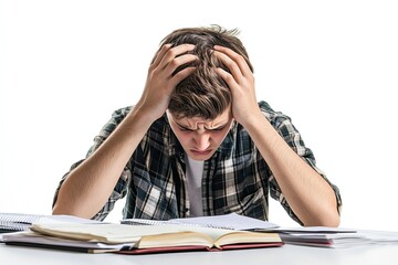 Frustrated young student banging head on desk isolated on white background. Struggling with homework academic stress desperate expression