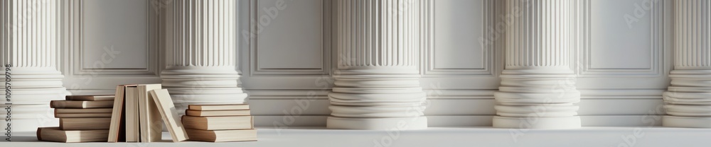 Poster a serene setting with books and classical columns, suggesting knowledge and elegance.