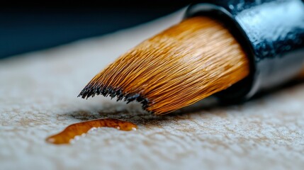 Fototapeta premium Close-up of a Paintbrush with Droplets of Paint on a Textured Surface