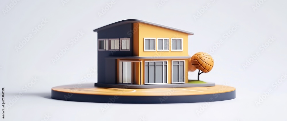 Poster a stylized model of a modern house with a tree, showcasing contemporary architecture.