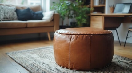 Fototapeta premium Leather ottoman in a cozy, minimalist study corner