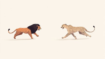 Fototapeta premium Lion and Cheetah in Dynamic Motion Illustration