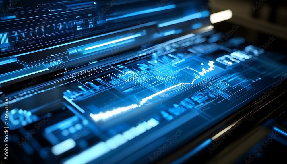Poster a futuristic interface displaying data and analytics in a digital format.
