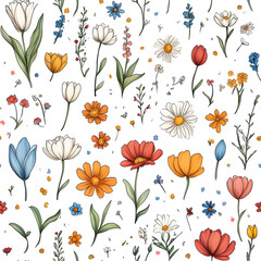 Naklejka premium Floral flowers and beautiful colorful leaves wallpaper seamless pattern for interior decoration or background.