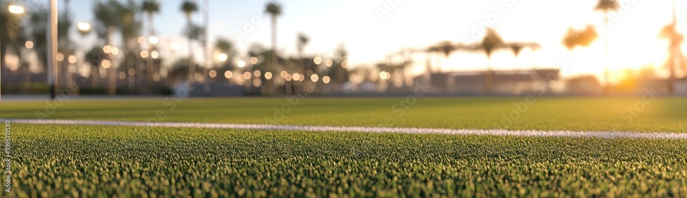 Poster a close-up view of a well-maintained sports field with a blurred background.