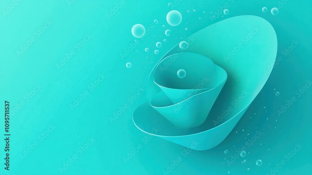 Poster abstract design featuring layered shapes and bubbles in a soothing turquoise color.