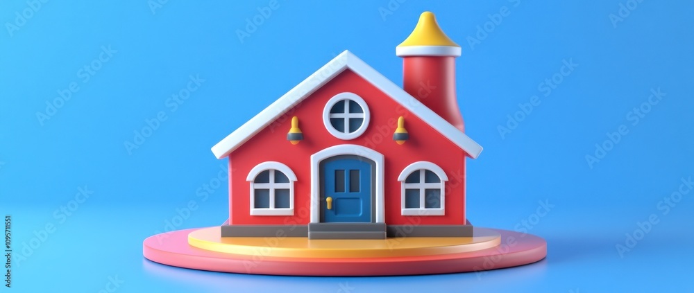Poster a colorful 3d model of a whimsical house with a chimney on a circular base.