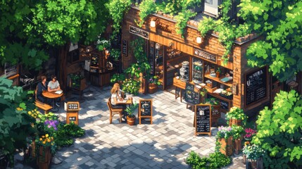 Obraz premium A vibrant outdoor caf? surrounded by lush greenery and flowers, inviting relaxation and socializing.