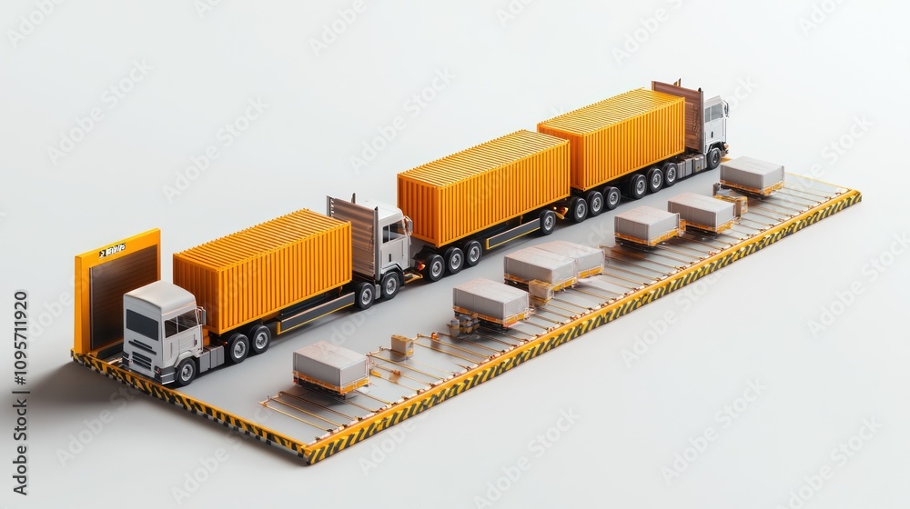 Poster A logistics scene featuring trucks with containers and packages on a loading dock.