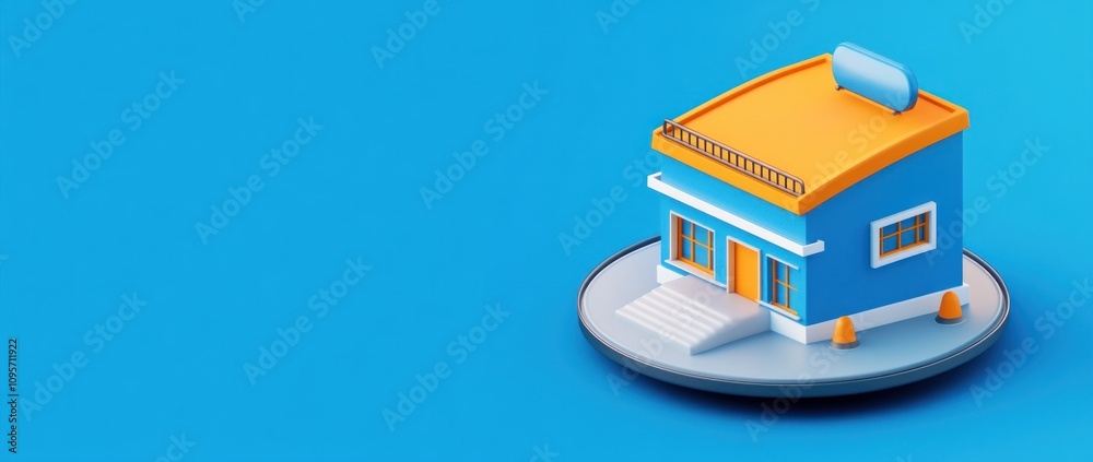 Poster a colorful 3d house model on a blue background, representing home design and architecture.