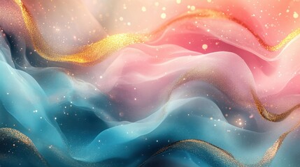 Fototapeta premium ** Abstract Colorful Waves with Glittering Gold Accents in a Dreamy, Ethereal Background of Pink, Blue, and Peach Tones..**