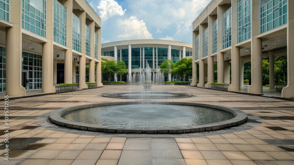 Aufkleber a serene courtyard featuring a fountain, surrounded by modern architecture and greenery.