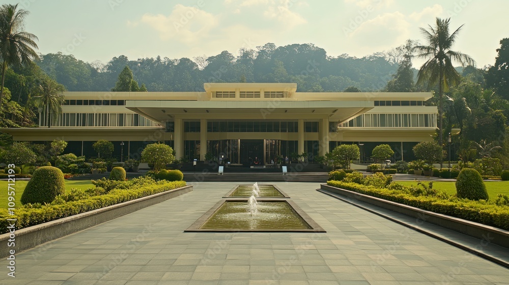 Poster a modern building surrounded by lush greenery and a tranquil water feature.