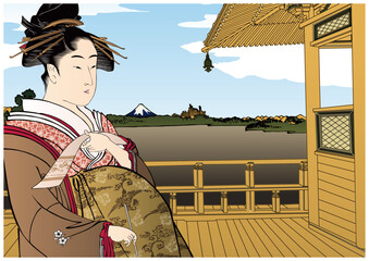 Fototapeta premium 富士山と和服女性