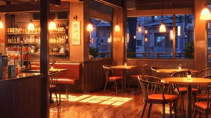 Cozy Anime Cafe Interior with Warm Lighting