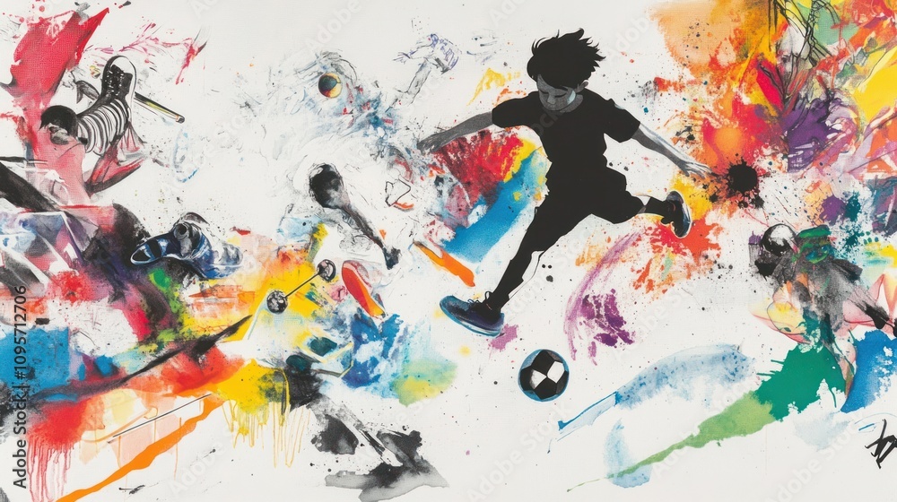 Aufkleber A dynamic illustration of a soccer player amidst vibrant colors and abstract shapes.