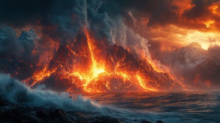 A dramatic volcanic eruption with lava flowing into the ocean under a stormy sky.
