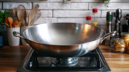 stainless steel wok sits on stove, ready for cooking. kitchen background features various utensils and condiments, creating warm and inviting atmosphere