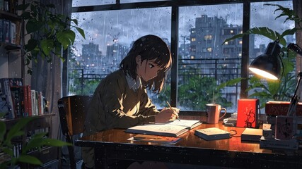 Cozy Study Scene with Anime Girl in Rainy Setting