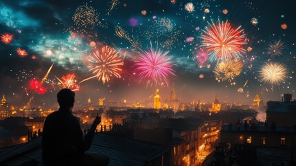 Man watching fireworks over city.