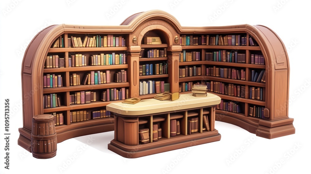Poster a wooden library with shelves filled with books and a central desk for reading or studying.