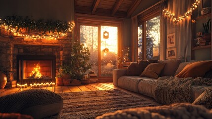 Fototapeta premium Cozy living room with a fireplace, warm lighting, and a serene outdoor view.