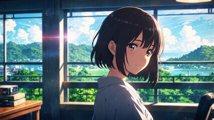 Dreamy Anime Aesthetic Landscape with Character
