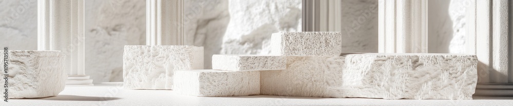 Poster a serene arrangement of textured white blocks in a minimalist architectural setting.