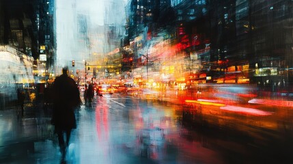 A blurred urban scene depicting a busy street with colorful lights and silhouettes of people.