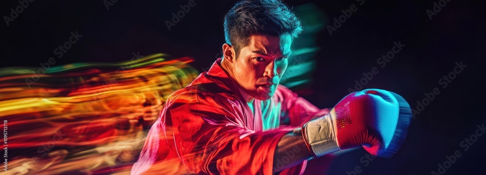 Poster A dynamic boxer in action, showcasing strength and intensity in a vibrant setting.