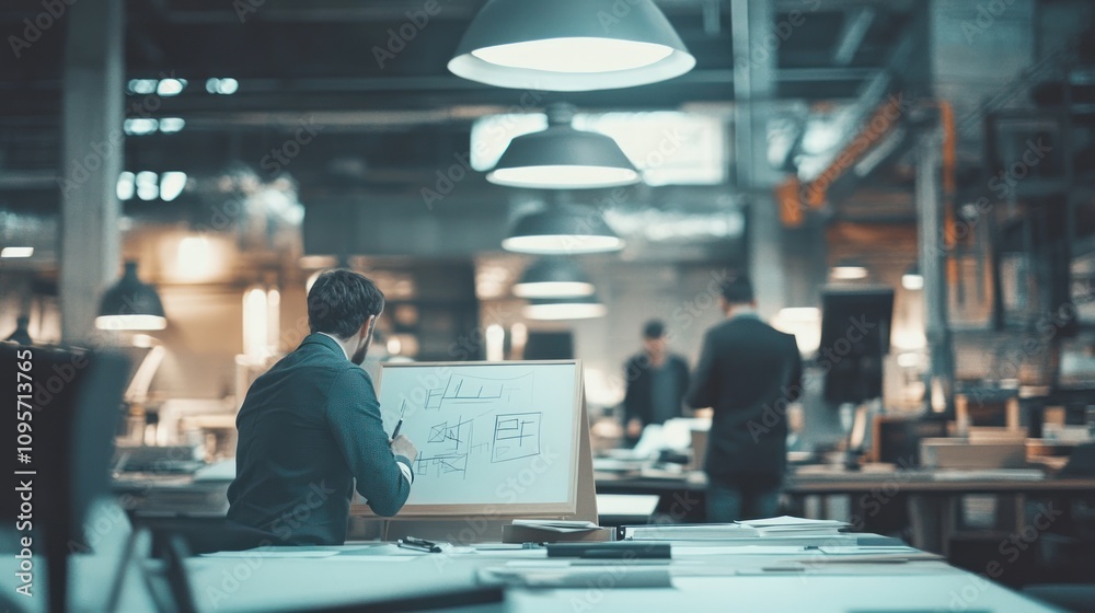 Poster A workspace with individuals collaborating on design sketches and projects.