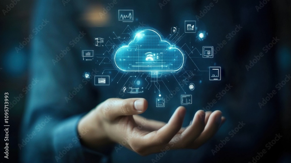 Poster cloud technology concept with data visualization elements