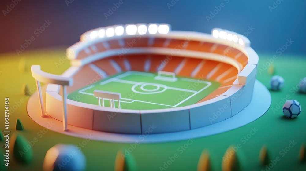 Poster A stylized, miniature soccer stadium with a green field and surrounding elements.