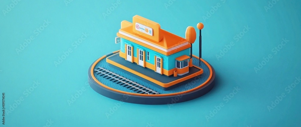 Poster a colorful 3d model of a train station with trees and tracks on a vibrant background.