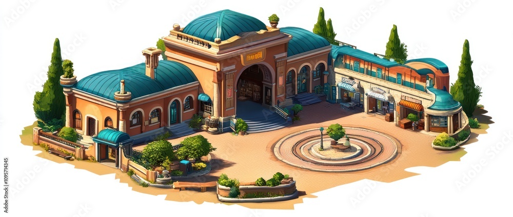 Poster a detailed architectural rendering of a public building with landscaped surroundings.