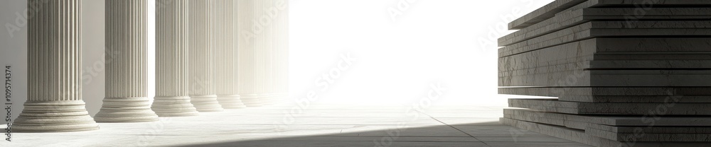 Poster a serene scene featuring classical columns leading to a bright, light-filled space.