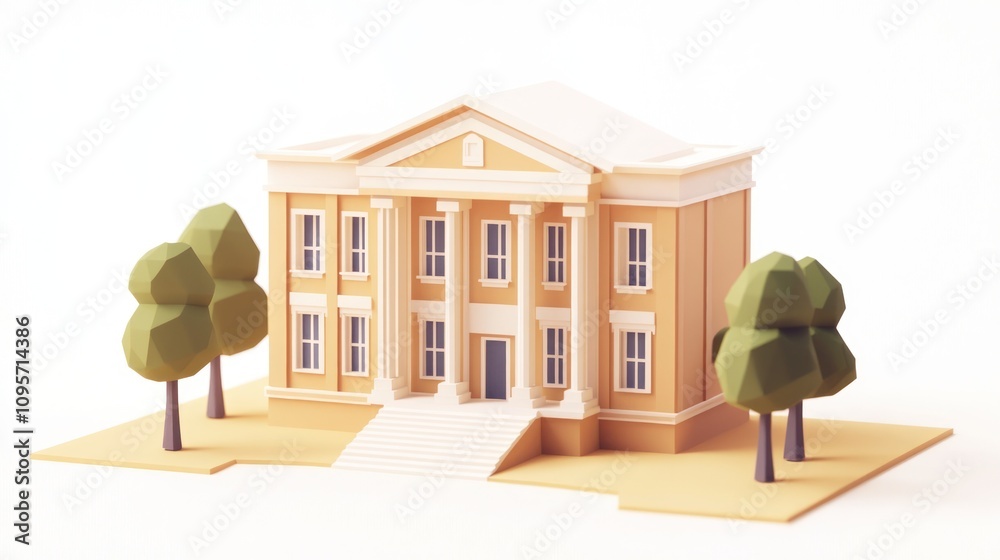 Poster A stylized architectural model of a classic building with trees in a minimalistic design.