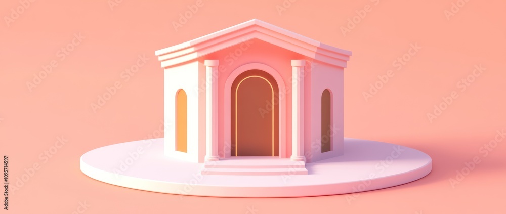 Poster a stylized architectural structure on a pastel background, showcasing a classical design.